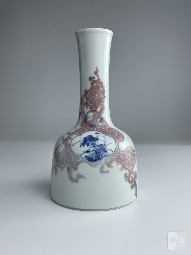 清康熙  青花釉里红夔凤开光花鸟纹双陆尊（附木盒） - 图4